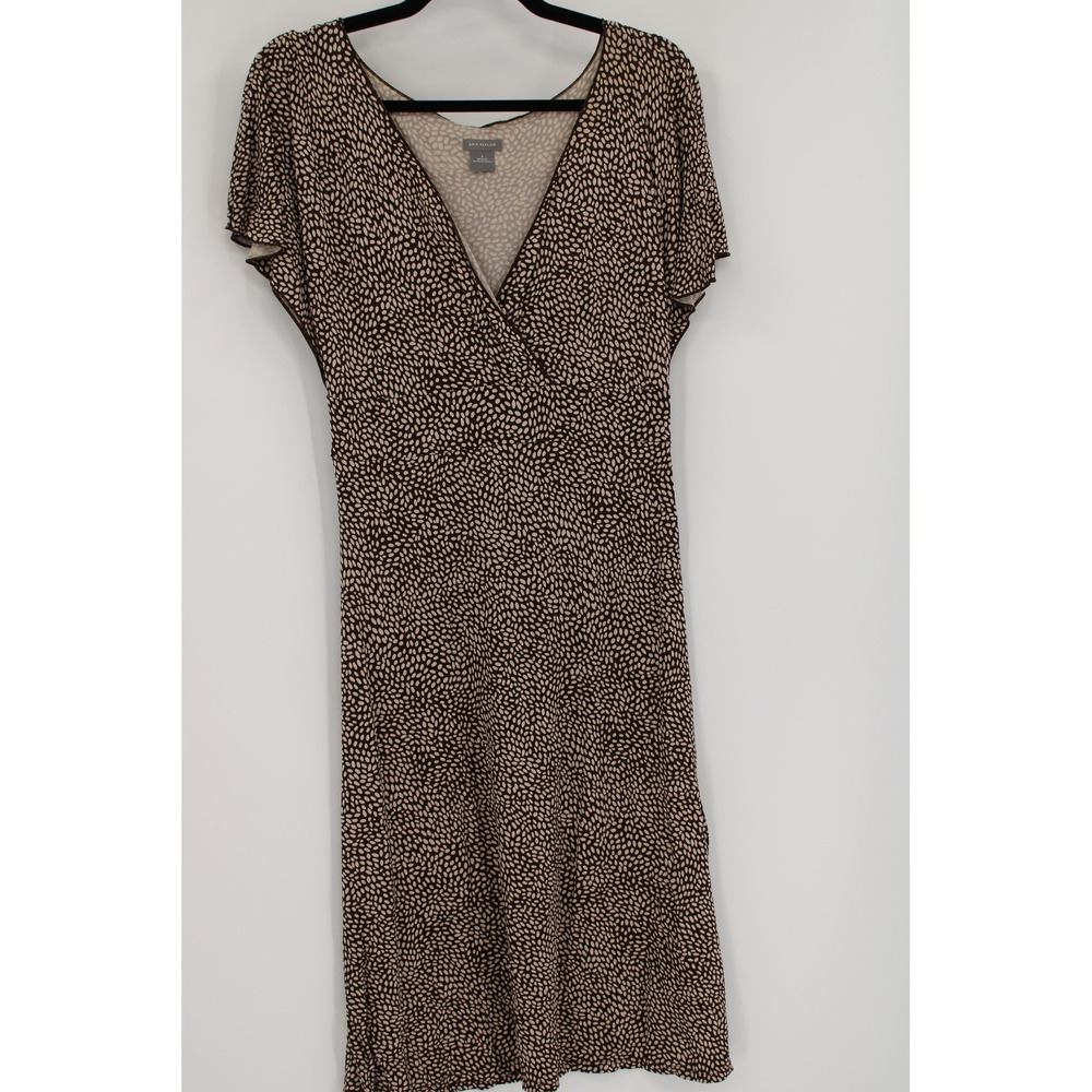 Ann Taylor Dress Womens 4 Brown Black Beige Print Faux Wrap Midi Flutter Sleeve